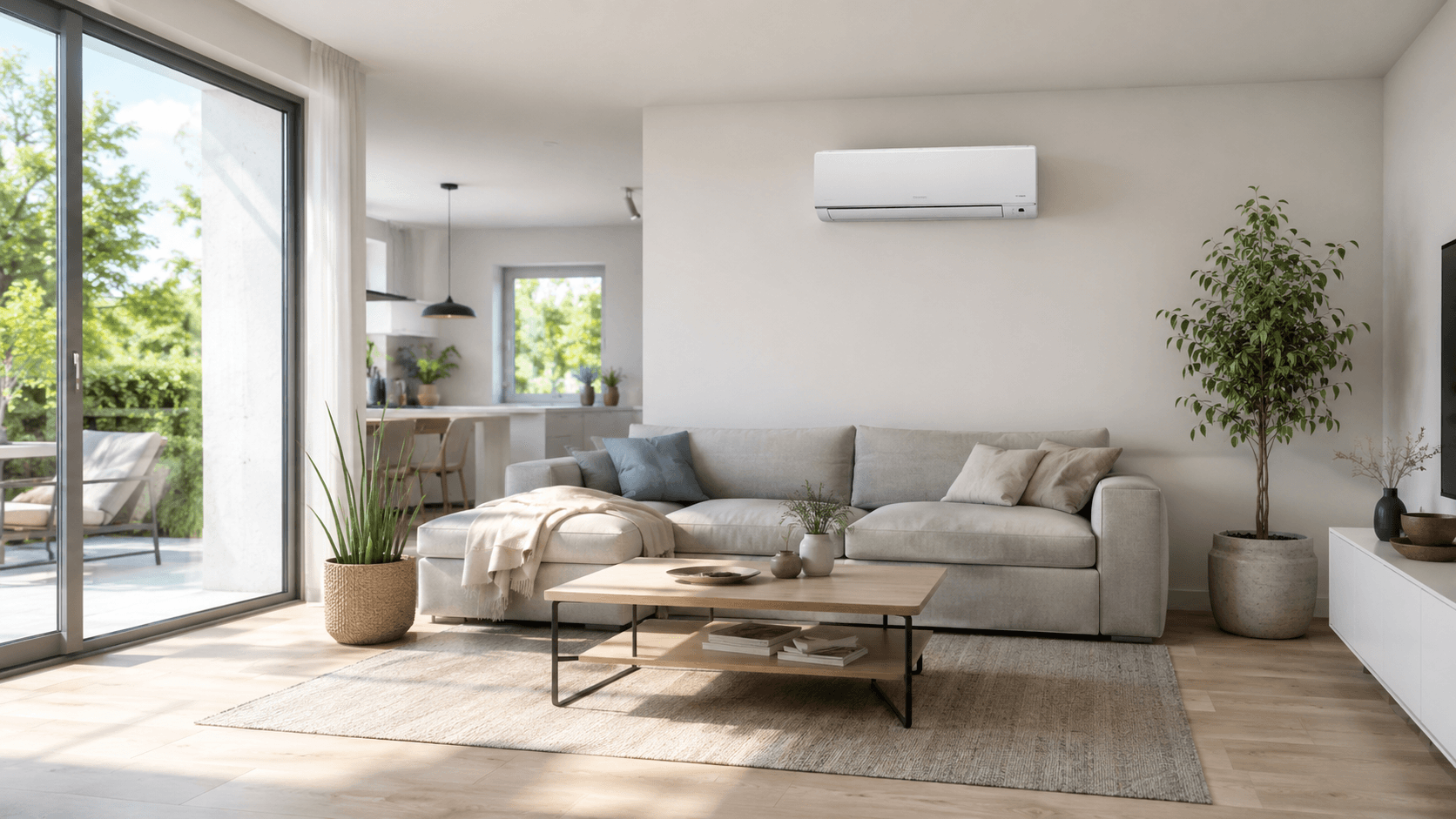 Helles, gemütliches Wohnzimmer mit Sofa und einer an der Wand montierten Split-Klimaanlage